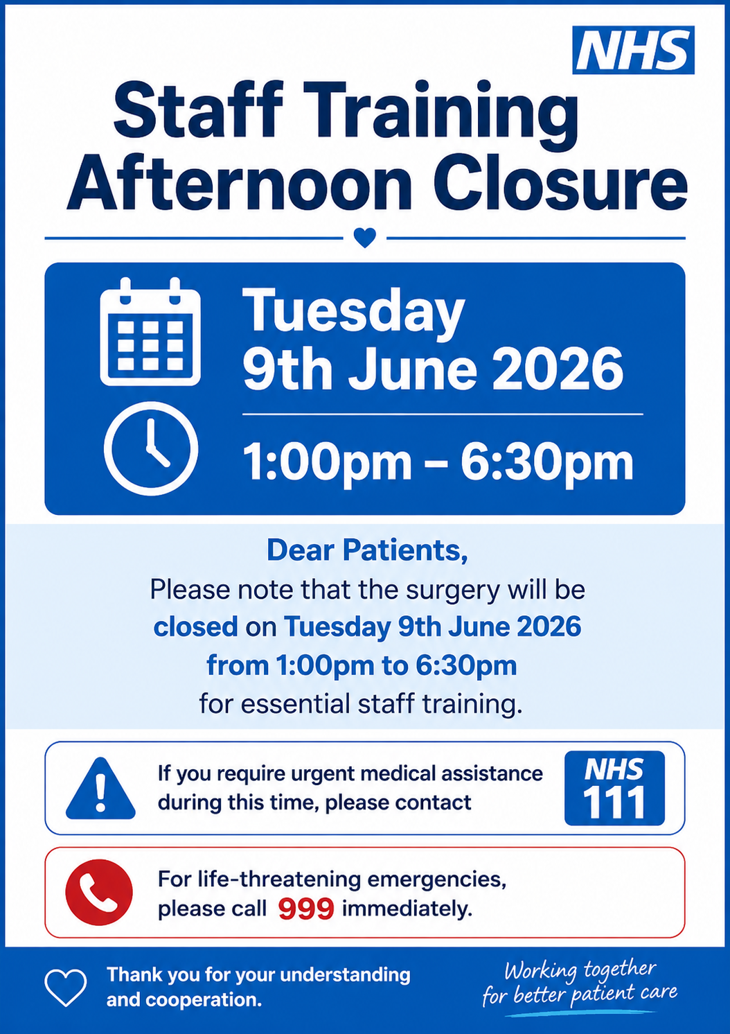 Staff Training Afternoon Closure  📅 Tuesday 9th June 2026 🕐 1:00pm – 6:30pm